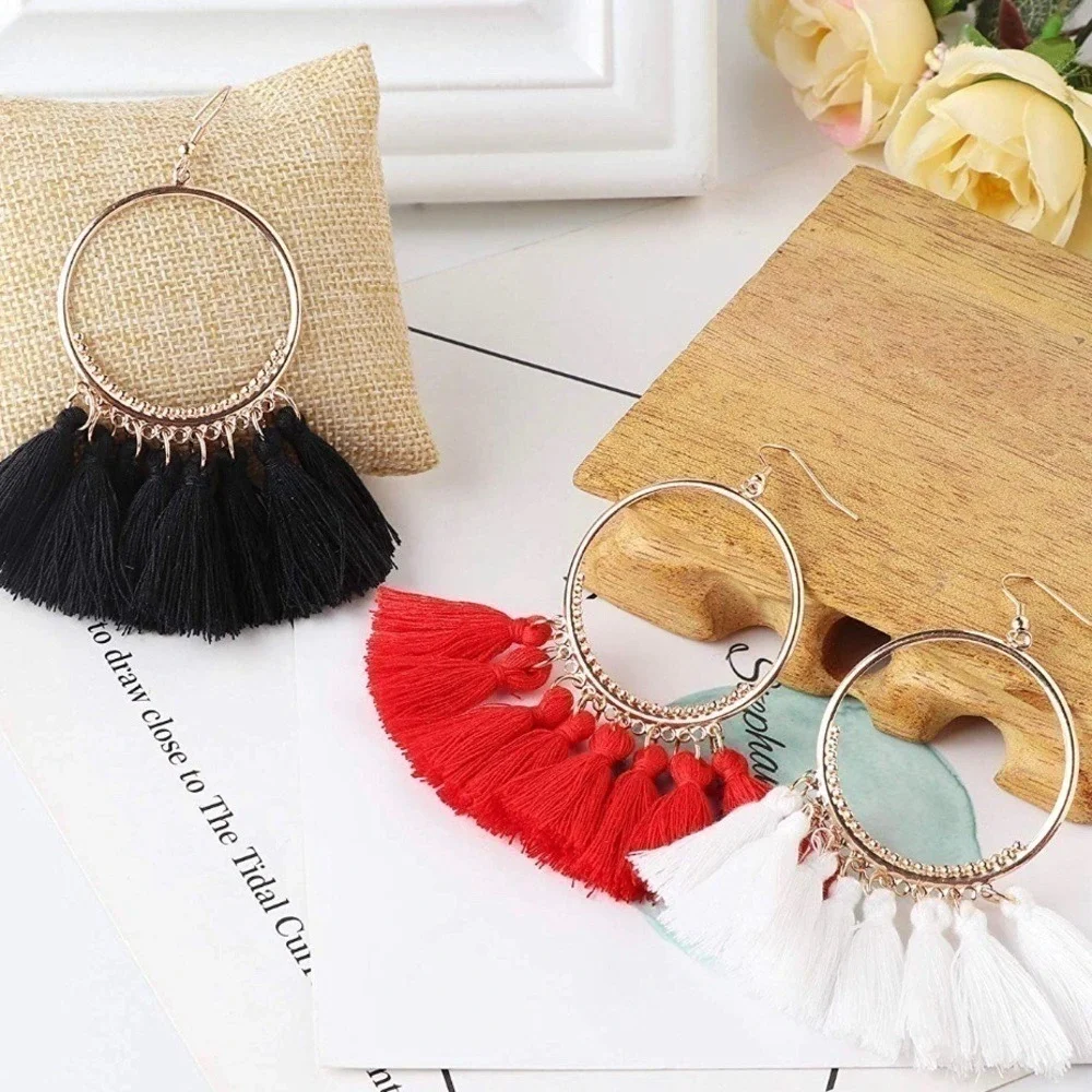 Red Tassel Hoop Earrings Gold Tone Boho Statement Fringe Dangle Drop Earrings